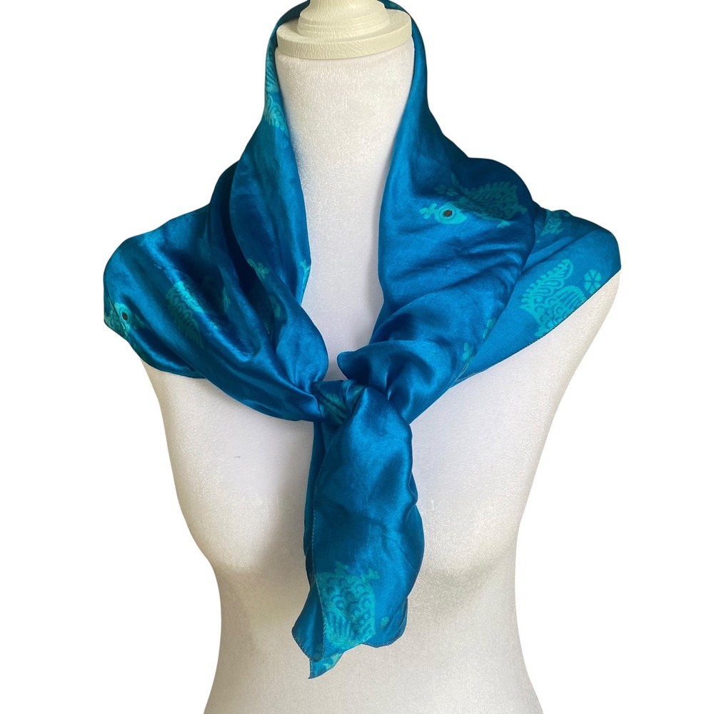 Blue Silk Square Scarf Bird Floral Pattern Turquoise Satin Finish 28x28
